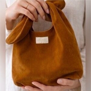 Merit Beauty Signature Makeup Bag Corduroy Brown Tie Top Bento Pouch Purse